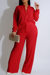 Red Casual Solid Color Draw String Buckle Turndown Collar Long Sleeve Two Pieces