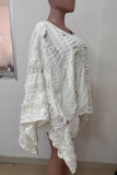 White Sexy Solid Color Ripped Irregular O Neck Tops