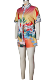 Blue Casual Vacation Crocodile Pattern Buckle Turndown Collar Short Sleeve Two Pieces