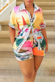 Blue Casual Vacation Crocodile Pattern Buckle Turndown Collar Short Sleeve Two Pieces