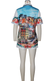 Blue Casual Vacation Crocodile Pattern Buckle Turndown Collar Short Sleeve Two Pieces