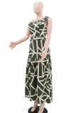 Army Green Casual Vacation Print Stringy Selvedge Oblique Collar A Line Dresses