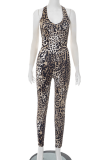 Leopard Print Sexy Leopard Print Backless Halter Skinny Jumpsuits