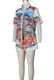 Blue Casual Vacation Crocodile Pattern Buckle Turndown Collar Short Sleeve Two Pieces