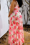 Pink Elegant Print O Neck Long Dresses