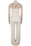 Apricot Sexy Casual Solid Color Hollow Out Patchwork Backless Halter Regular Jumpsuits