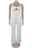 Apricot Sexy Casual Solid Color Hollow Out Patchwork Backless Halter Regular Jumpsuits