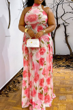 Pink Elegant Print O Neck Long Dresses