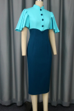 Blue Elegant Solid Color Buckle Flounce Half A Turtleneck Evening Dresses