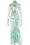Light Green Sexy Print Ruched Spaghetti Strap Irregular Dresses