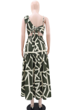 Army Green Casual Vacation Print Stringy Selvedge Oblique Collar A Line Dresses