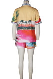 Blue Casual Vacation Crocodile Pattern Buckle Turndown Collar Short Sleeve Two Pieces