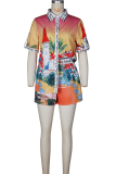 Blue Casual Vacation Crocodile Pattern Buckle Turndown Collar Short Sleeve Two Pieces