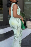 Light Green Sexy Print Ruched Spaghetti Strap Irregular Dresses