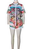 Blue Casual Vacation Crocodile Pattern Buckle Turndown Collar Short Sleeve Two Pieces