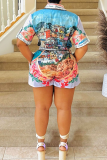 Blue Casual Vacation Crocodile Pattern Buckle Turndown Collar Short Sleeve Two Pieces