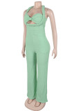 Apricot Sexy Casual Solid Color Hollow Out Patchwork Backless Halter Regular Jumpsuits