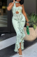 Light Green Sexy Print Ruched Spaghetti Strap Irregular Dresses