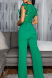 Green Casual Solid Color Lace V Neck Regular Jumpsuits