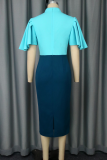 Blue Elegant Solid Color Buckle Flounce Half A Turtleneck Evening Dresses