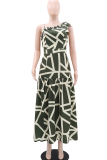 Army Green Casual Vacation Print Stringy Selvedge Oblique Collar A Line Dresses