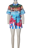 Blue Casual Vacation Crocodile Pattern Buckle Turndown Collar Short Sleeve Two Pieces