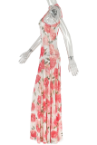 Pink Elegant Print O Neck Long Dresses