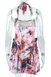 Colour Sexy Print Bow Decor Halter A Line Dresses
