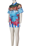Blue Casual Vacation Crocodile Pattern Buckle Turndown Collar Short Sleeve Two Pieces