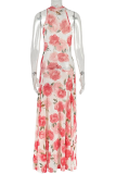 Pink Elegant Print O Neck Long Dresses