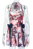 Colour Sexy Print Bow Decor Halter A Line Dresses
