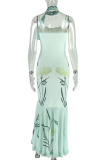 Light Green Sexy Print Ruched Spaghetti Strap Irregular Dresses