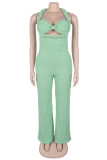 Apricot Sexy Casual Solid Color Hollow Out Patchwork Backless Halter Regular Jumpsuits