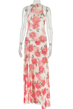 Pink Elegant Print O Neck Long Dresses