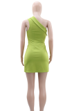 Green Yellow Elegant Solid Color Flounce Oblique Collar Long Dresses