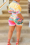 Blue Casual Vacation Crocodile Pattern Buckle Turndown Collar Short Sleeve Two Pieces