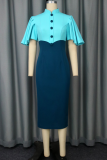 Blue Elegant Solid Color Buckle Flounce Half A Turtleneck Evening Dresses