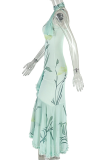 Light Green Sexy Print Ruched Spaghetti Strap Irregular Dresses