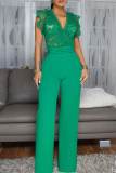Green Casual Solid Color Lace V Neck Regular Jumpsuits
