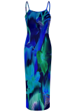 Green Sexy Print Spaghetti Strap Long Dresses