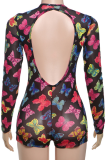 Black Sexy Print See-Through O Neck Skinny Bodysuits