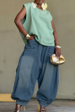 Blue Casual Solid Color Pocket Mid Waist Loose Denim Jeans