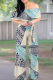 Blue Casual Print Strap Design Off Shoulder Loose Jumpsuits