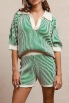Green Casual Stripe Turndown Collar Short Sleeve Two Pieces
