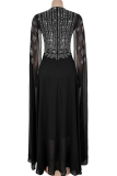 Black Elegant Solid Color Hot Drill V Neck Long Dresses