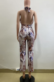 Coffee Casual Print Backless Halter Regular Jumpsuits