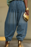 Blue Casual Solid Color Pocket Mid Waist Loose Denim Jeans