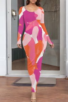 Rose Red Casual Print O Neck Long Dresses