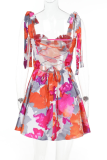 Rose Red Sexy Print Backless Strap Design Spaghetti Strap A Line Dresses