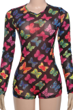 Black Sexy Print See-Through O Neck Skinny Bodysuits